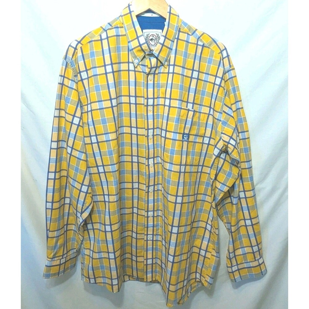 Cinch Mens L Yellow Blue Plaid Long Sleeve Button Down Western Shirt Cowboy